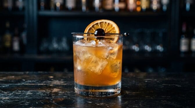 Canadian Cider cocktail in rocks glass with clear ice
