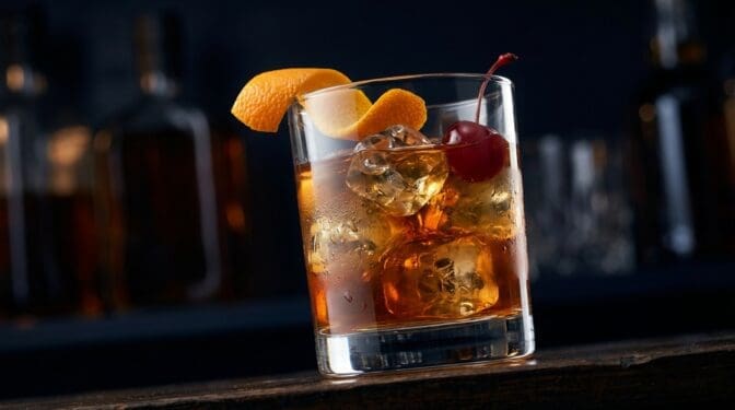 Ciderific cocktail in rocks glass with clear ice