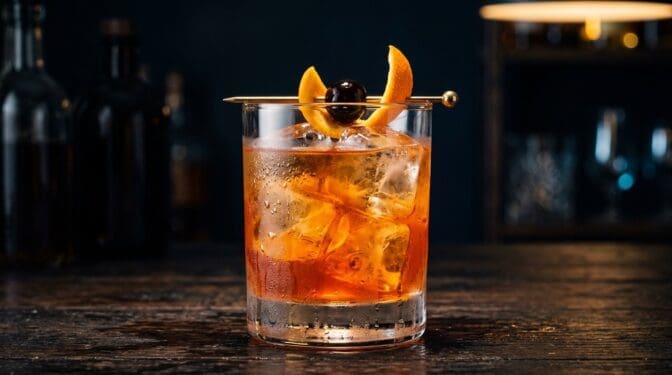 Clara cocktail in rocks glass with clear ice