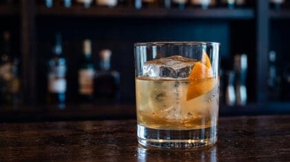 Creme de Spooge cocktail in rocks glass with clear ice