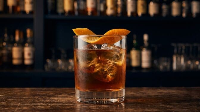 Dancing Dutchman cocktail in rocks glass with clear ice