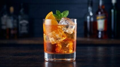 Dawn`s Early Light cocktail in rocks glass with clear ice