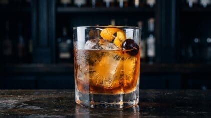 Diesel cocktail in rocks glass with clear ice