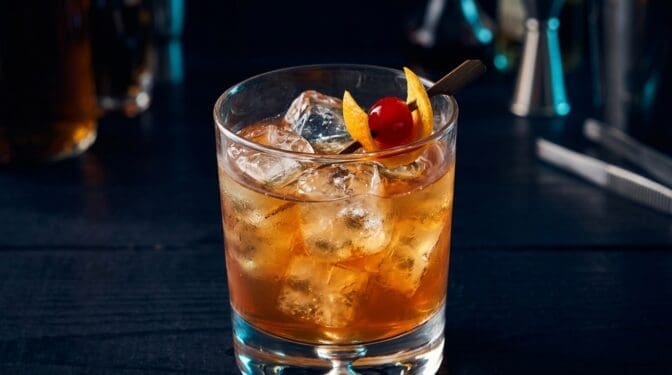 Dive Bomber cocktail in rocks glass with clear ice