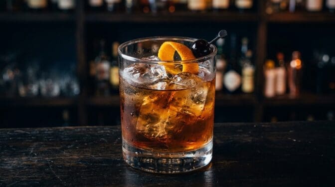 Doctor Pepper cocktail in rocks glass with clear ice
