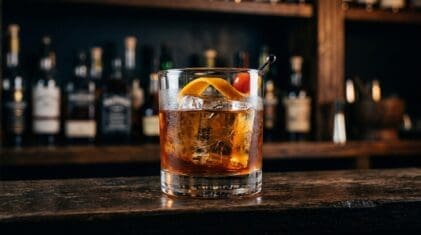 Drinking Chocolate cocktail in rocks glass with clear ice