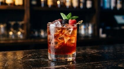 Flaming Boilermaker cocktail in glass