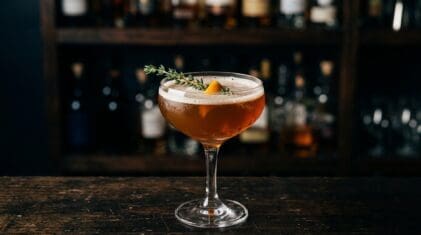 Flaming Huscroft cocktail in cocktail glass