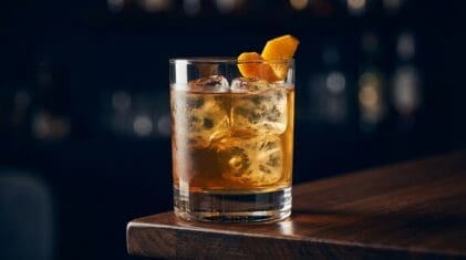 Flaming Orgasm cocktail in rocks glass with clear ice
