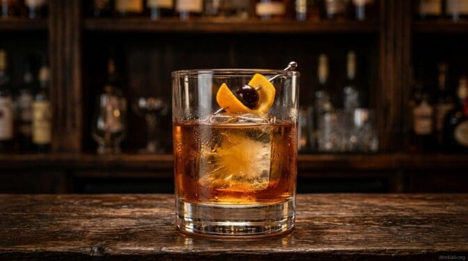Floaty cocktail in rocks glass with clear ice