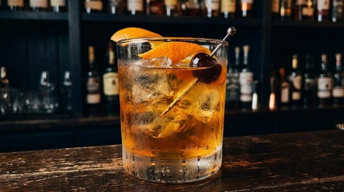 Gluehwein cocktail in rocks glass with clear ice