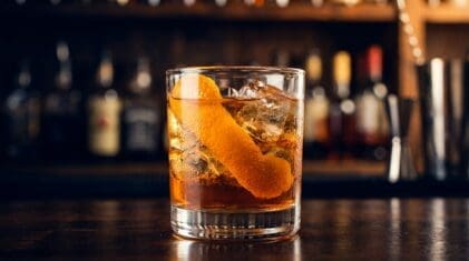 Penzance Cocktail cocktail in rocks glass with clear ice