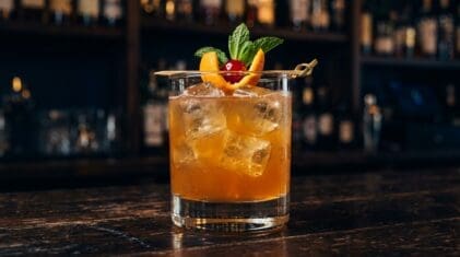 Red Eye cocktail in rocks glass with clear ice
