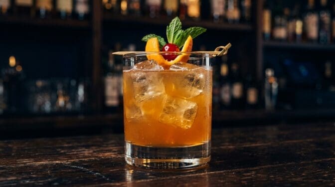 Red Eye cocktail in rocks glass with clear ice