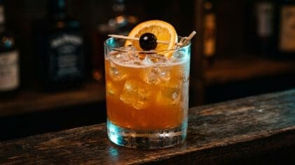 Sharks Bite cocktail in rocks glass with clear ice