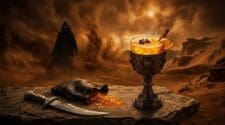 Desert sandstorm with metallic chalice of glowing amber spice cocktail and silver dagger