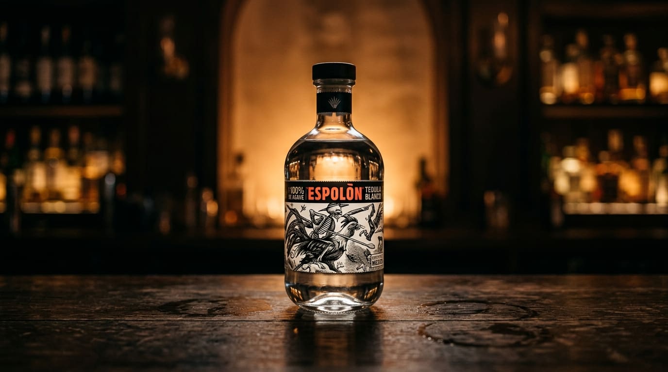 Espolon Blanco tequila bottle with rooster label on a dark bar.
