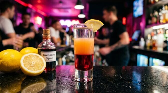 Filthy Bitch layered shot - grenadine, peach schnapps, vodka