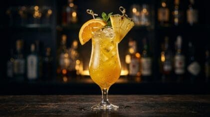 Tropical golden rum punch with edible gold flake and overproof rum float