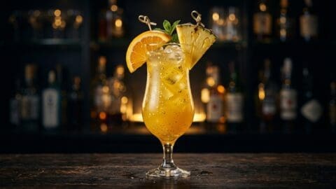 Tropical golden rum punch with edible gold flake and overproof rum float