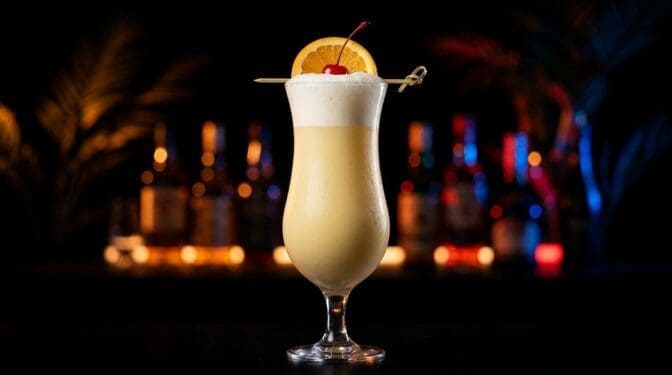 Fluffy Duck cocktail in a tall glass with creamy pastel yellow colour, frothy soda head, orange wheel and cherry garnish