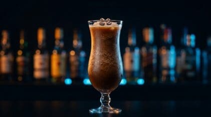 Frozen Espresso Martini in a hurricane glass with three coffee beans.