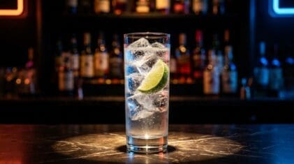 Gin Rickey cocktail in a tall highball glass with gin, fresh lime juice and soda water, lime wedge garnish