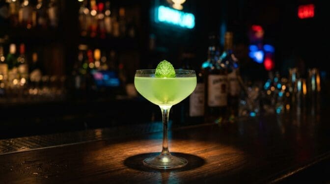 Gin Southside cocktail in a coupe glass with mint leaf garnish, pale green colour, clean and bright