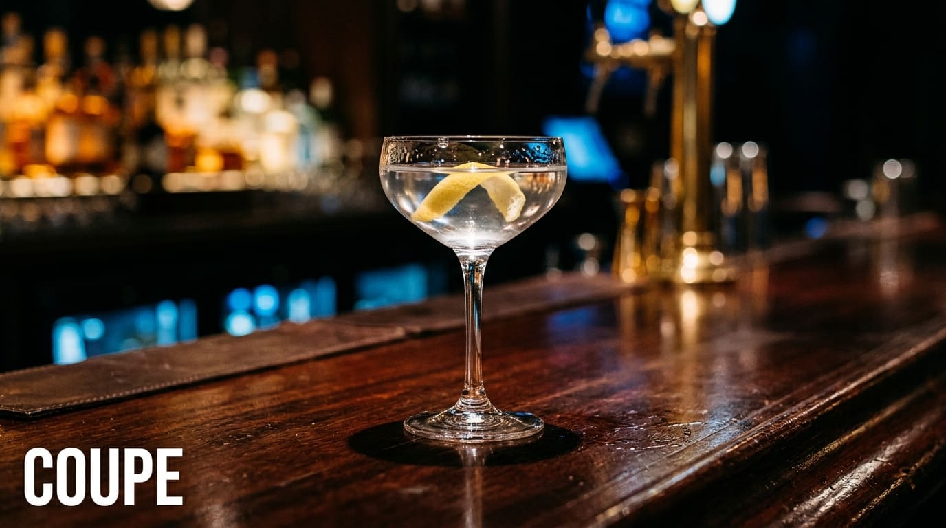 A classic coupe glass with a crystal-clear Martini and a lemon twist, on a dark bar counter.