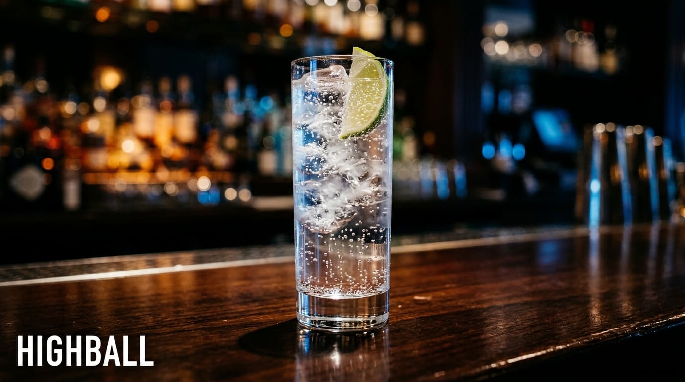 A tall highball glass with a Gin and Tonic, ice cubes, and a lime wedge.