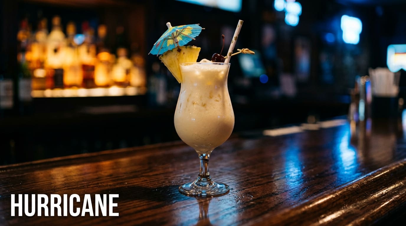 A curvy hurricane glass with a tropical Pina Colada, pineapple wedge garnish.