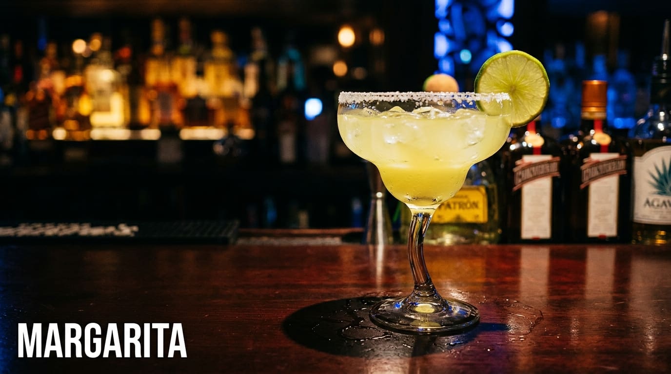 A classic margarita glass with a salt-rimmed Margarita and a lime wheel.