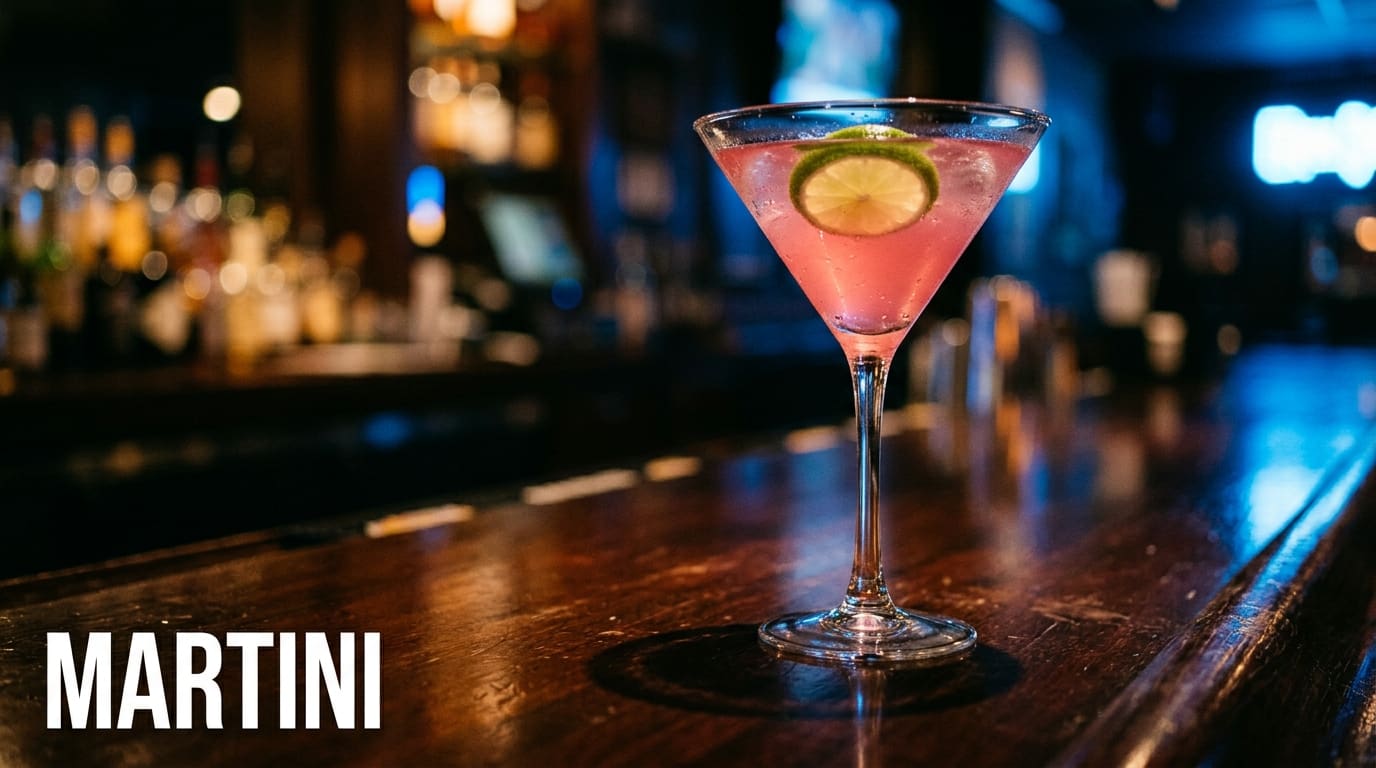 A V-shape Martini glass with a pink Cosmopolitan on a dark bar counter.