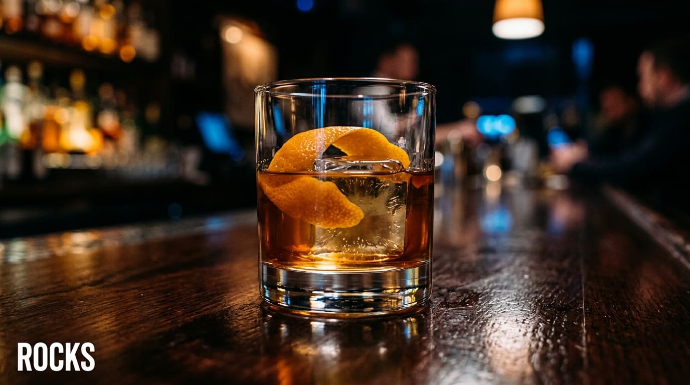 A heavy rocks glass with an Old Fashioned, a large clear ice cube, and an expressed orange peel.
