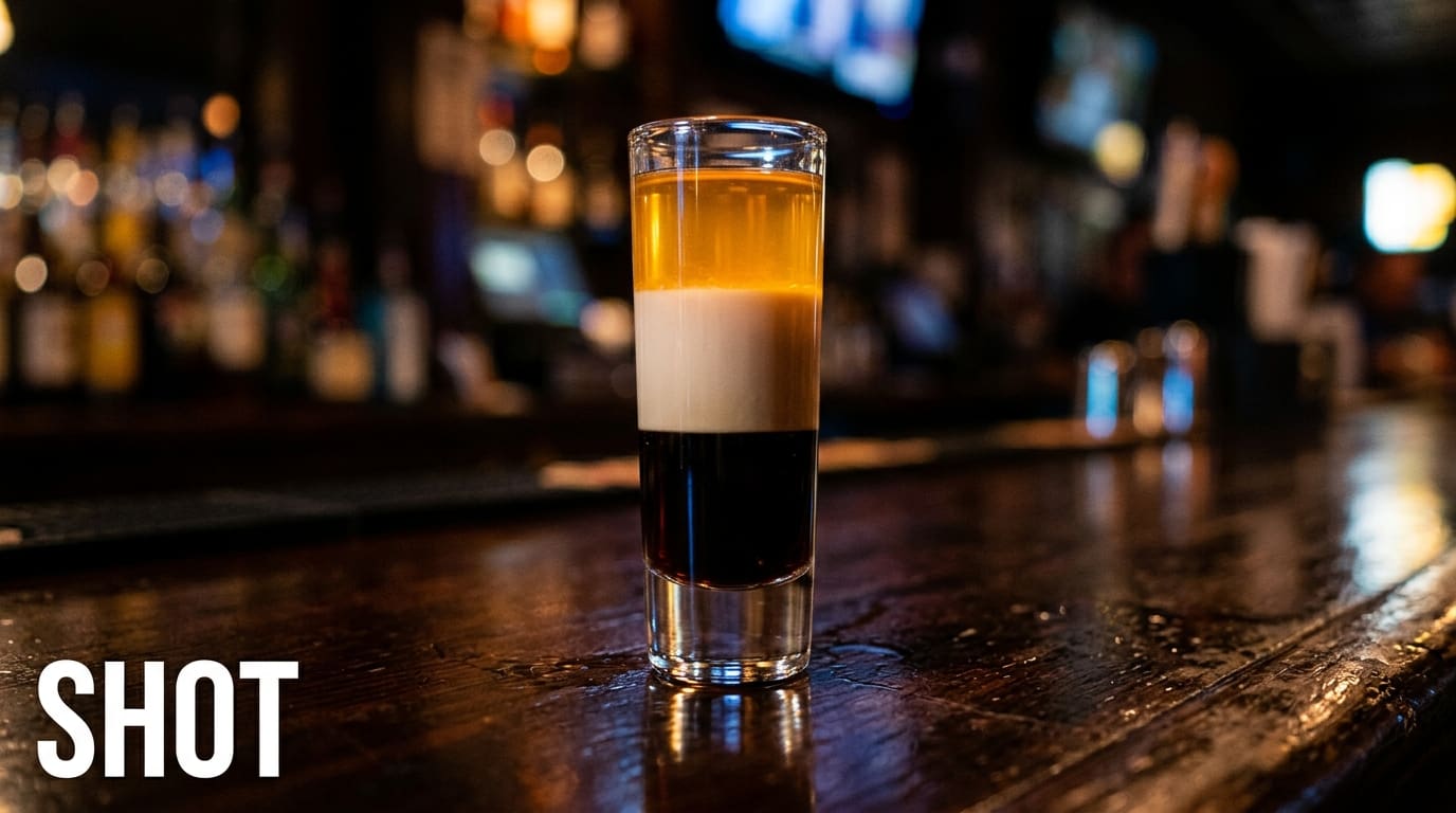 A slim shot glass with a B-52 layered shot showing three distinct colour bands.