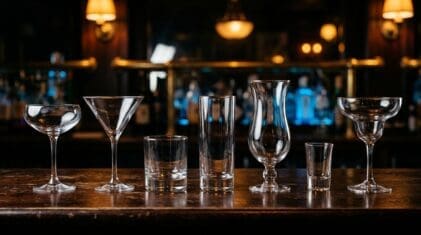 A collection of cocktail glasses arranged on a dark bar counter: coupe, martini, rocks, highball, hurricane, shot, and margarita glasses, empty, showing the range of shapes.
