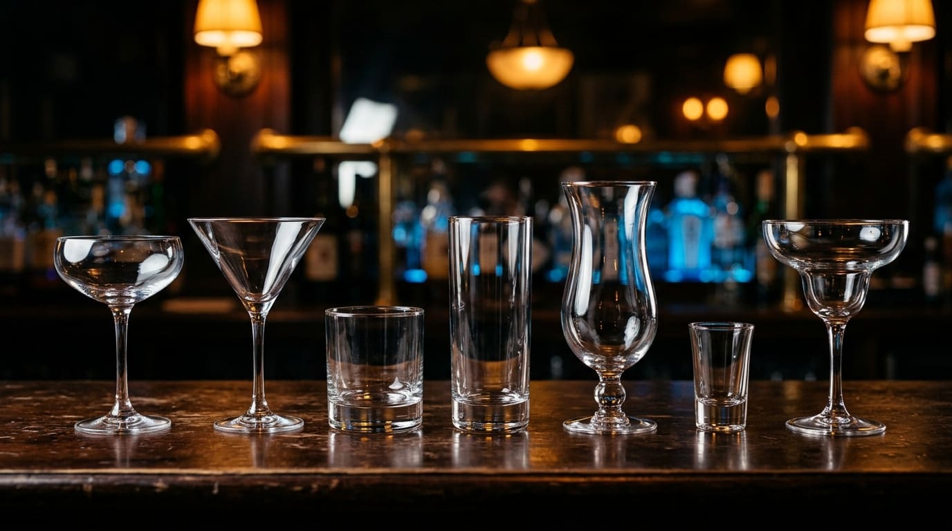 Seven empty cocktail glass shapes arranged on a dark bar counter.