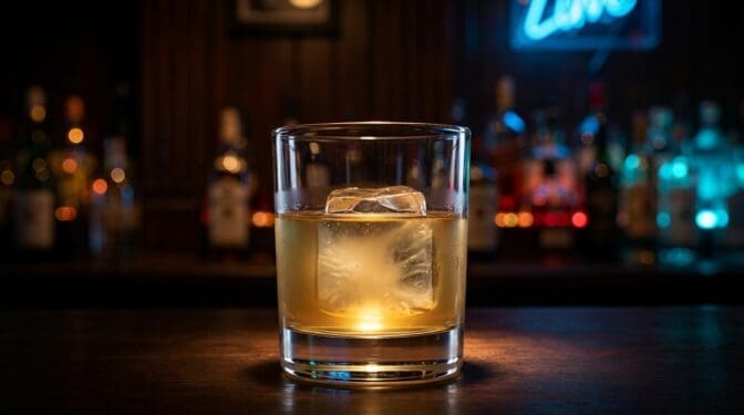 Godmother cocktail in a rocks glass over a large ice cube, pale gold from amaretto and vodka, no garnish