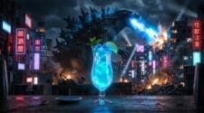 Glowing blue cocktail in foreground with massive kaiju silhouette over Tokyo skyline