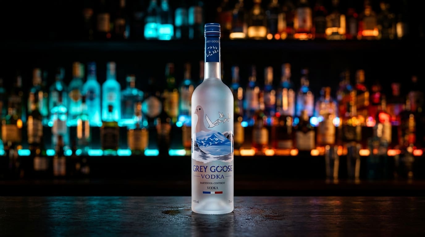 Grey Goose vodka bottle on a dark bar.