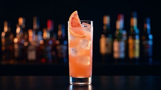 Greyhound cocktail in a tall glass with grapefruit juice and vodka over ice, pale pink colour