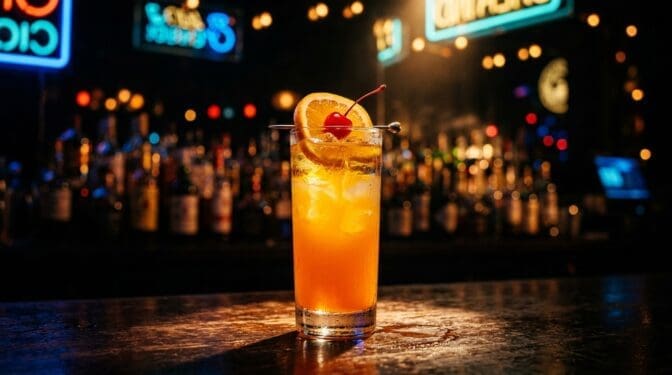 Harvey Wallbanger cocktail in a tall highball glass with vodka, orange juice and a yellow Galliano float on top