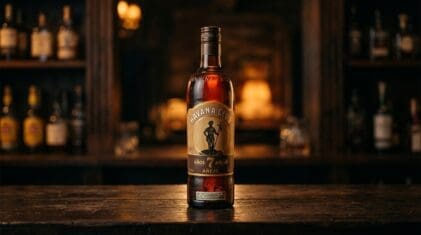 Havana Club 7 Year Cuban rum bottle on a dark bar.