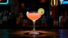 Hemingway Daiquiri cocktail in a chilled coupe glass, pale pink colour from grapefruit juice with rum