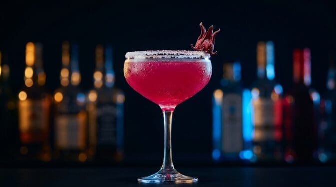 Hibiscus Margarita in a salt-rimmed coupe with dried hibiscus garnish.
