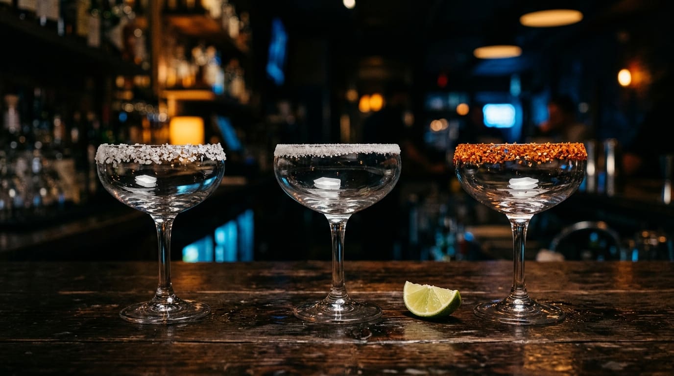 Three cocktail glasses with different rim styles: salt, sugar, and chili-spice.