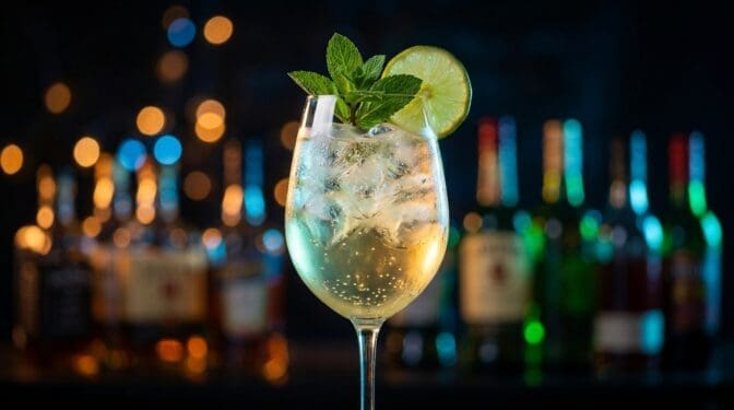 Hugo Spritz with mint, lime, and elderflower in a wine glass.