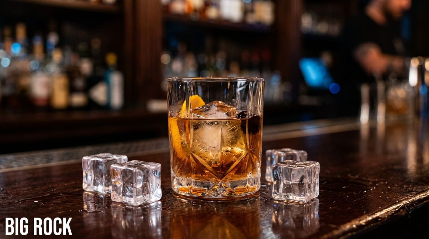 A rocks glass with a single 2-inch clear ice cube and amber whiskey, condensation beading down the sides.