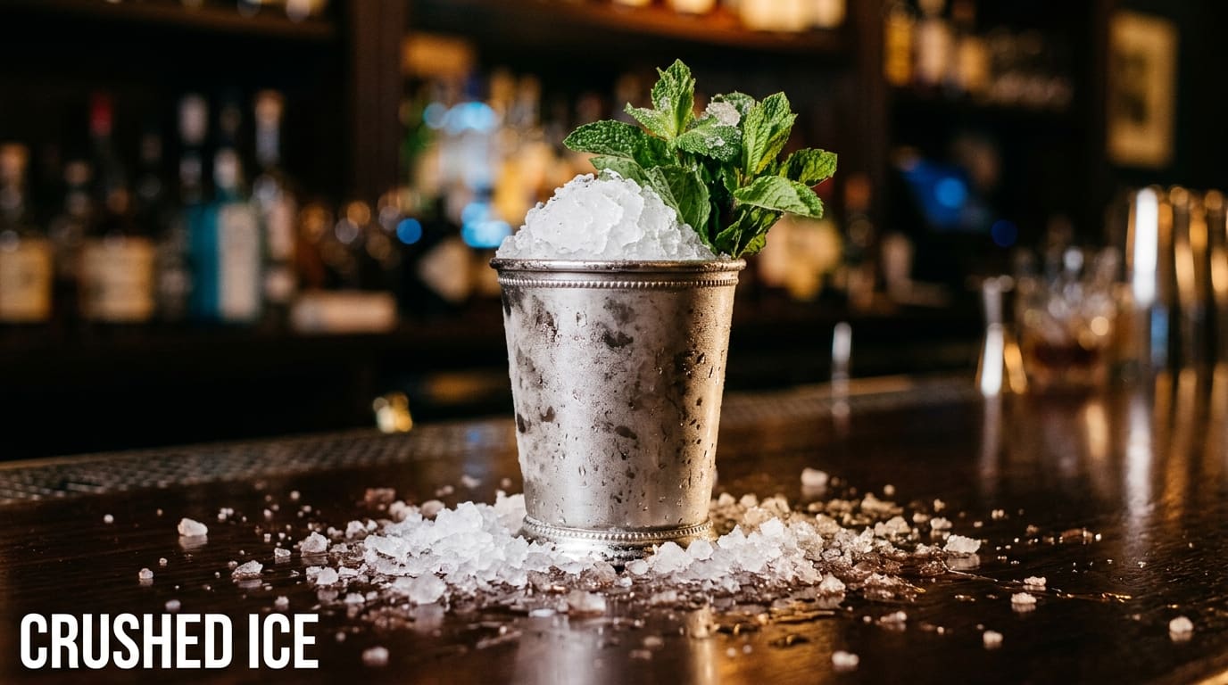 A silver Julep cup packed with crushed ice and a Mint Julep with a generous mint sprig on top.