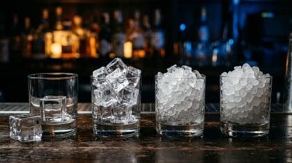 Four different ice types displayed side by side on a dark bar surface: a large crystal-clear rock, medium cubes, crushed ice, and nugget ice, each in its own glass.